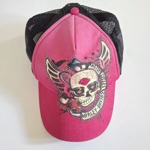 Harley-Davidson Pink Skull Rhinestone Trucker Hat Mesh Snapback Cap Womens